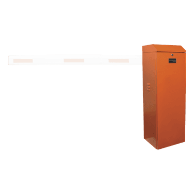 Barrera vehicular izquierda / Soporta brazo de hasta 5.5 m / Final de carrera ajustable por programación / Movimiento fluido / Diseño elegante color naranja