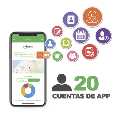 Licencia Móvil de Asistencia / 20 Usuarios / Checada con GPS y Fotografía / Operación Dual / Integración BioTimePro