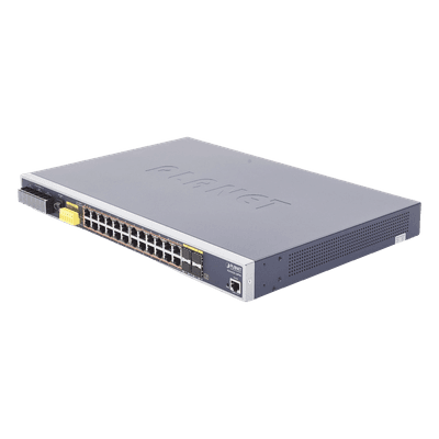 Switch PoE Industrial Capa 3 / 24 Puertos Gigabit 802.3af/at / 4 SFP Compartidos 100/1000X / Rango de Temperatura -40 ~ 75°C / Gestión Avanzada / Anillo Redundante