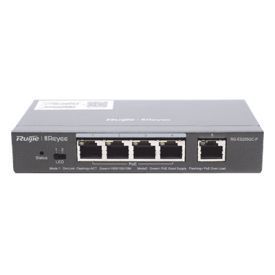 Switch Administrable PoE / 5 Puertos Gigabit / 4 Puertos PoE 802.3af/at / 54 W / Capacidad 10 Gbps / Gestión Cloud / Sin Ventilador