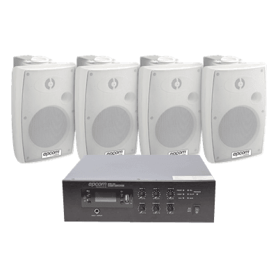 Kit Amplificador 100V / 120W RMS / 4 Altavoces Pared 2.5-20W / Bluetooth MP3 Tuner USB / Sistema Voceo 70/100V