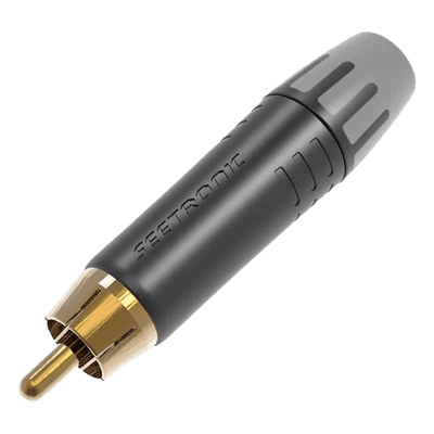 Conector RCA Macho / Contacto Enchapado en Oro / Carcasa Metálica Negra / Audio y Video / Cable 3.5-6.5 mm / 2000 Ciclos