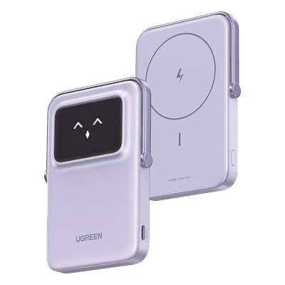 Power Bank Inalambrico | 5000mAh | 7.5W | Con Emojis de Estado | Carga Rápida USB-C Bidireccional | Pantalla TFT Inteligente | 13 niveles de Proteccion | Con Holder | Color Purple.