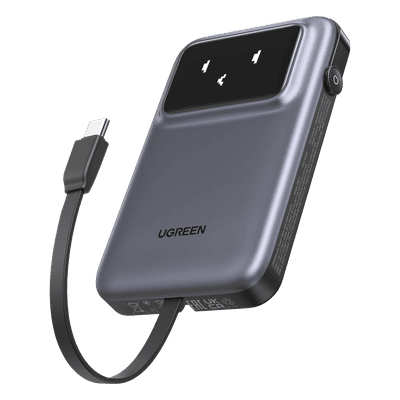 Power Bank Serie Uno | 10000mAh | 30W | con Cable USB-C Incorporado | 2 Salidas 30W Max. | Pantalla Inteligente | Carcasa Ignifuga | Aprobado por Aerolíneas.| Color Grey.