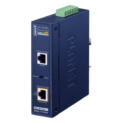 Inyector PoE++ Industrial / 95W / 2 Puertos RJ45 / Multi-Gigabit 5Gbps / -40 a 75°C / IP30 / Riel DIN o Pared