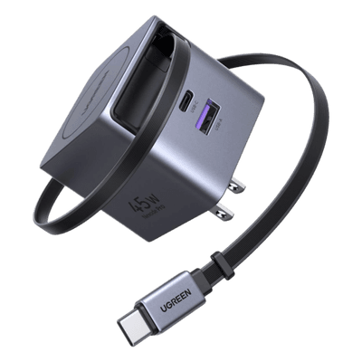 Cargador Rápido / 45W GaN / Cable Retráctil 0.7 m (2.3 ft) / 3 Puertos / Eficiencia 95% / Protección 8 Capas / 100-240V AC