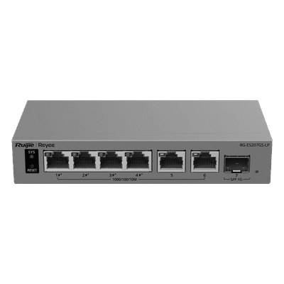Switch Gigabit Smart Cloud / 7 Puertos / 4 PoE+ 40 W / 1 SFP Uplink / Capa 2 / Protección 6 kV / Fanless