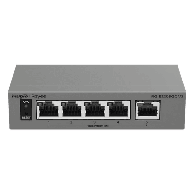 Switch Capa 2 Gestionado en la Nube / 5 Puertos Gigabit / Switching 10 Gbps / Forwarding 7.44 Mpps / Diseño sin Ventilador / Protección 6 kV / Modo CCTV de un Clic / 32 VLANs / Gabinete Metálico / Ruijie Cloud