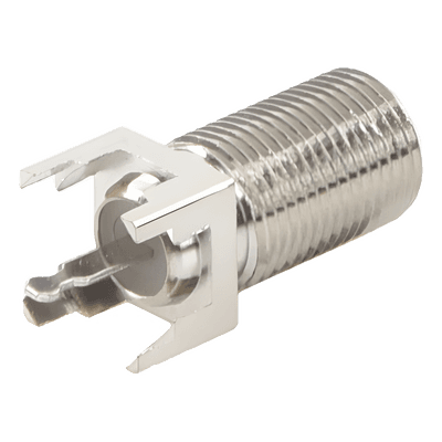 Conector F Hembra / Montaje Vertical PCB / 4 Terminales de Soldadura / Separación 0.32" / Cuerpo Níquel / Contacto Estañado / Dieléctrico Polietileno