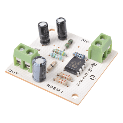 Tarjeta preamplificadora / 3-18 VDC / 30 dB ganancia ajustable / Micrófono electret integrado / Salida por bloque de terminales