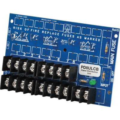 Distribuidor de Energía / 8 Salidas Clase 2 / PTC 2A Auto-Rearmable / Entrada Dual 12-24VDC o 24-28VAC / Certificaciones UL294 UL603 UL1481