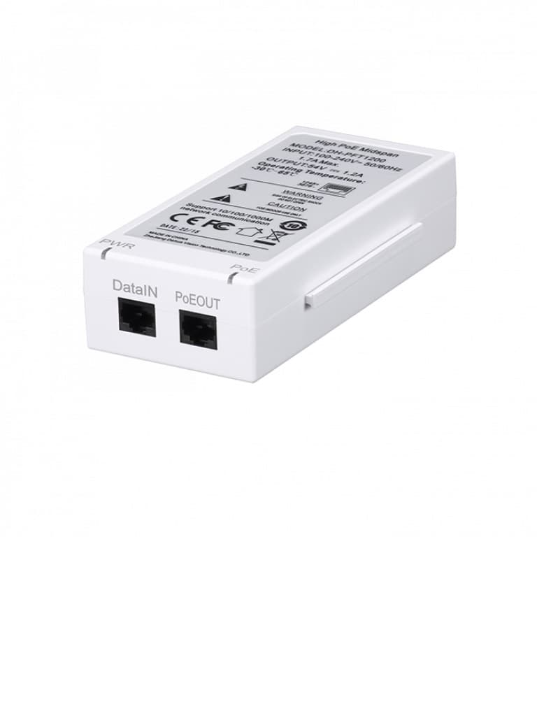 DAHUA PFT1200 - Inyector Hi-Poe Midspan Gigabit/ Soporta PoE/PoE+/ Soporta Hi-PoE 60 Watts para PTZ/ Indicadores Led de Status/ Funciona con Extensor: -
