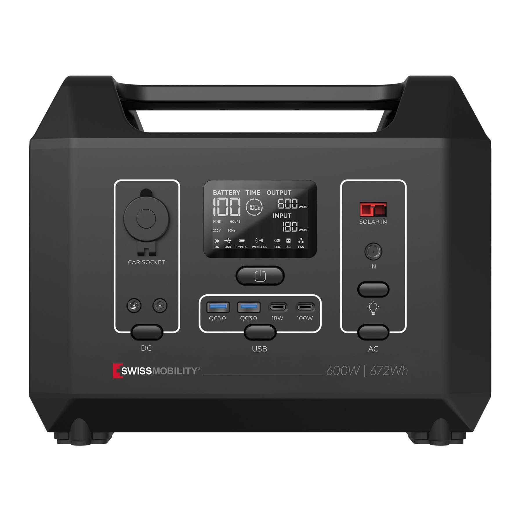 Centro de carga portatil Swissmobility 600W/672Wh USB/USB-C - Wirelles Charge Plug 12V Lampara LED, 4 NEMA 15 110V, conector para panel solar