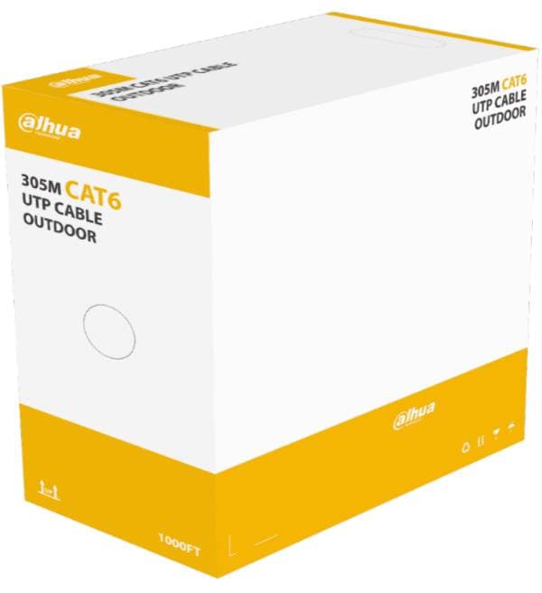 Bobina de cable UTP Cat6 para exterior Dahua PFM920-6U. Con 305 metros de 100 cobre - cubierta MDPE resistente y color negro, cumple con ANSI/TIA 568-C.2,