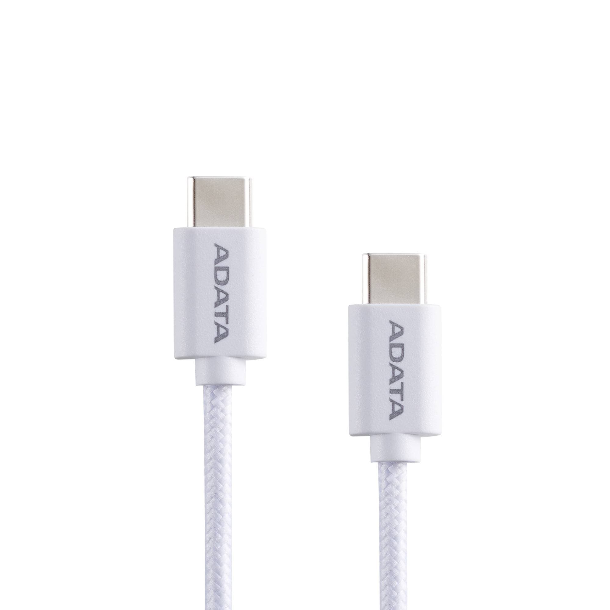 Cable ADATA USB Tipo C - USB Tipo C. Potencia máxima de salida de 100 W - Tejido de nailon, (2 M de longitud). Color Blanco. CACC-200PN-WH