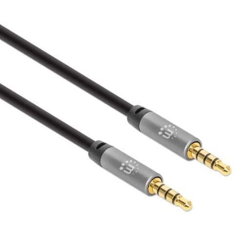 Cable Auxiliar de Audio Estéreo de 3.5 mm MANHATTAN 355988 - 1 m, Macho / Macho, Negro/Plata, Auxiliar