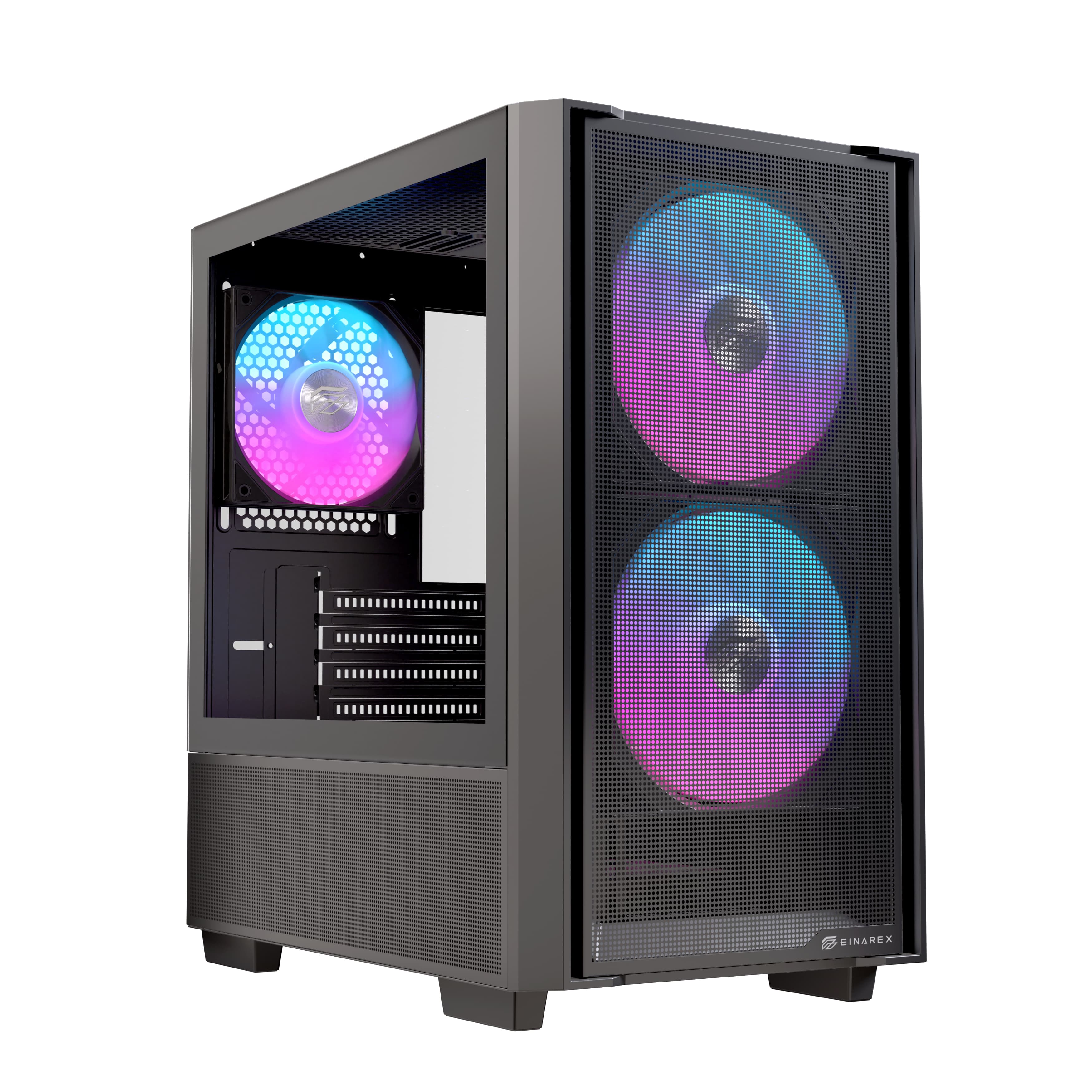 Gabinete EINAREX BY HY Pulse PM150 RGB Black – MATX – Cristal Templado – 3 Fans - USB C Modelo EXCS-PM-150R-B -