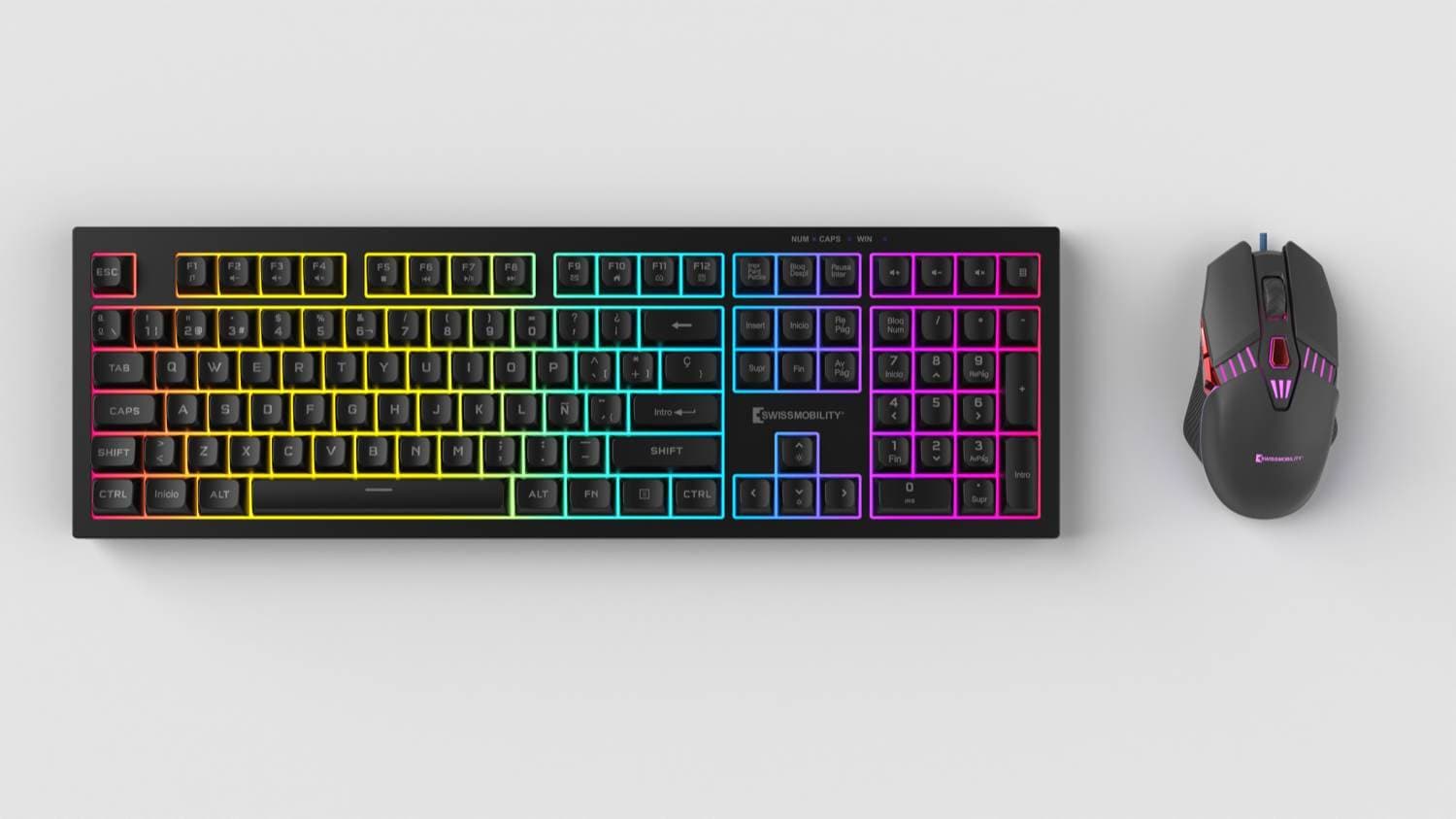 Kit de teclado y mouse gamer Swissmobility black night teclado anti-impactos y agua PVC+Acero 109 teclas silenciosas e ilumincación RGB 19 teclas anti-ghos -