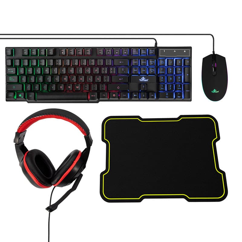 YEYIAN KIT DE TECLADO MOUSE DIADEMA Y MOUSEPAD HYDRA S2001 - TECLADO RETROILUMINADO ALAMBRICO, MOUSE LED 4BOTONES, DIADEMA CON MIC 3.5MM, YKH-20708