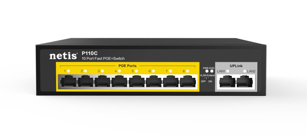Netis Switch POE P110C - 8 Puertos POE y 2 Puertos Uplink, 120W, 100 Mbps, Watch Dog, Plug Play, 250 Mts de alcance en transmisión, No Administrable